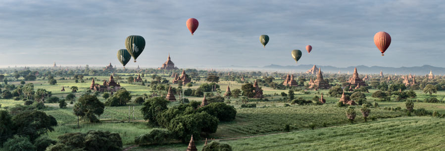 Panorama of temples and balloons in Myanmar