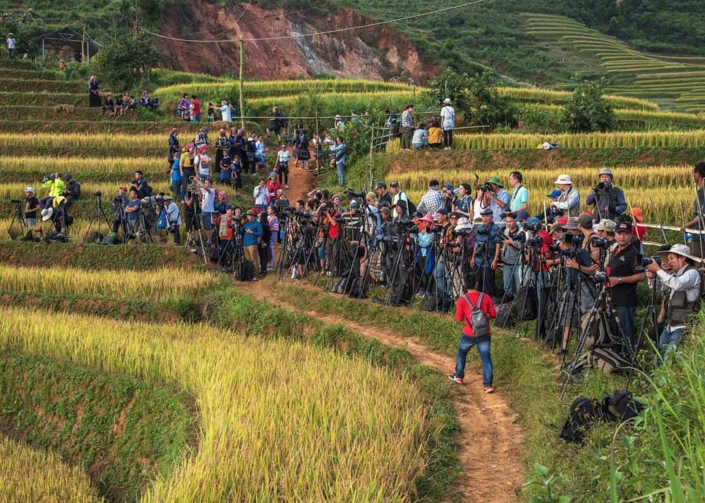 A huge group of photographers in Mu Cang Chai lining up with their tripods