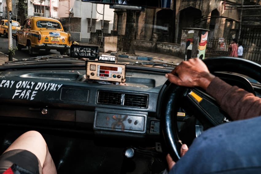 Inside view from a yellow taxi in Kolkata